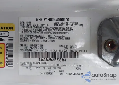 2017 Ford Mustang V6 z USA, uszkodzony, nr VIN 1FA6P8AM6H5238364